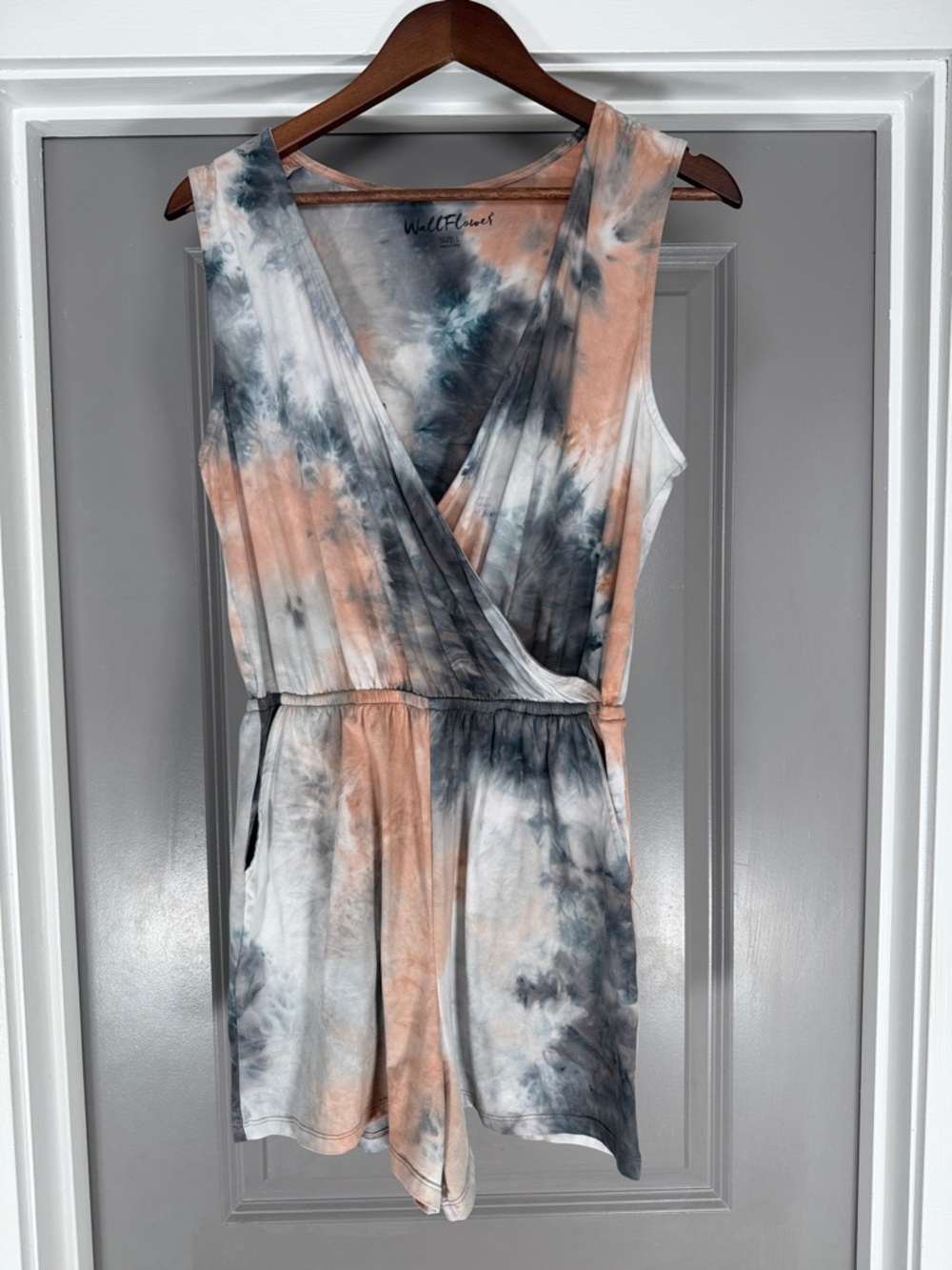 Tie-Dye Surplice Romper in Peach & Charcoal